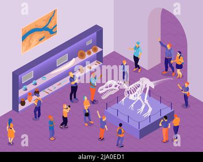 Isometric guide excursion to historical museum composition with indoor view of exhibition hall with visitor characters vector illustration Stock Vector