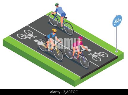 Isometric people in helmets cycling along bicycle lane 3d vector illustration Stock Vector