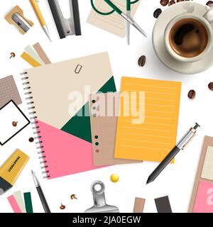 Office items seamless pattern with coffee scissors and pen realistic vector illustration Stock Vector
