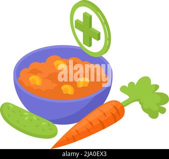 Isometric gastroenterology composition with images of cucumber with carrot and porridge vector illustration Stock Vector