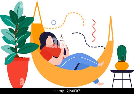 Home garden flat composition with woman lying in hammock with home plants vector illustration Stock Vector