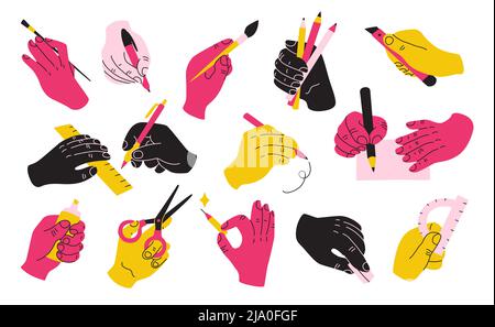 Hands hold stationery. Drawing workshop elements. Human arms writing with pens or pencils. Scissors and ruler. Paint brush and paper knife. Office Stock Vector
