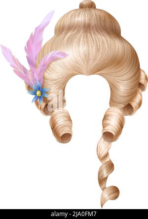 Realistic rococo women wig vintage composition with isolated image of fleecy hair with flowers and feathers vector illustration Stock Vector