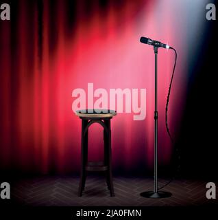 Stand up show comedy stage attributes realistic image with microphone bar stool red curtain retro vector illustration Stock Vector