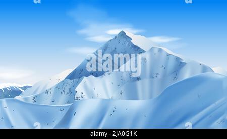 Realistic mountains composition with horizontal landscape and cliffs covered with snow with blue sky and clouds vector illustration Stock Vector