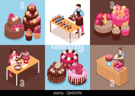 Isometric homemade cake design concept set with wedding modern and for children cakes and cupcakes vector illustration Stock Vector