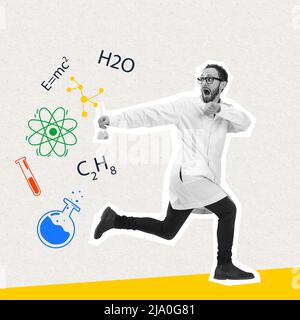 Contemporary art collage with running man, chemist, doctor in action and motion isolated on light background. Concept of healthcare, pharmaceuticals Stock Photo