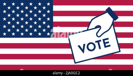 Hand voting icon on american flag background. Flat vector illustration Stock Vector