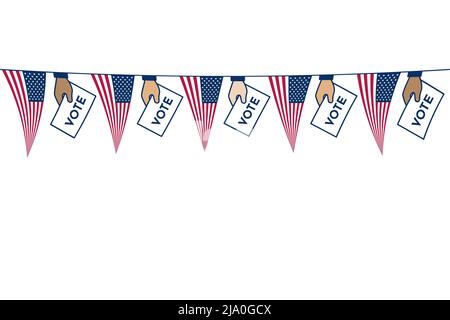 Garland of hand with vote ballot and American flags isolated on a white background. Flat vector illustration Stock Vector