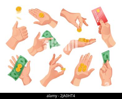 Human hands holding money banknotes coins bank credit card color on white background isolated vector illustration Stock Vector