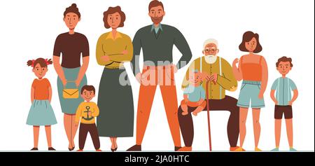 Generations family composition with flat cartoon style characters of family members with elderly people adults and kids vector illustration Stock Vector