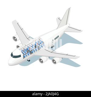 Airplane scheme isometric composition with isolated image of jet wit view of seats and passenger characters vector illustration Stock Vector