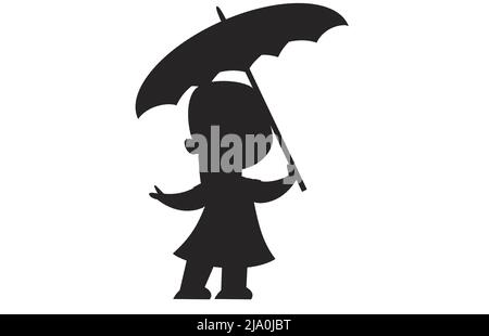 Black silhouette of a small girl standing with an umbrella in rain, rainfall, getting wet in the storm outside Stock Vector