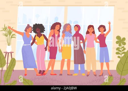 Ladies of different nationalities hugging flat vector illustration Stock Vector