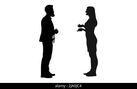 Black silhouette of two employees arguing, businessman and businesswoman conversation