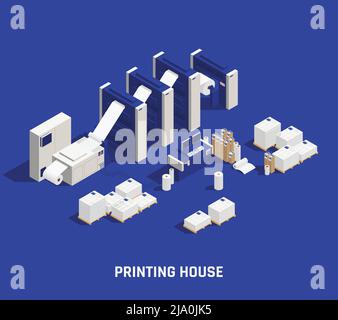 Printing house isometric composition with text and images of printers with paper rolls stacks and computers vector illustration Stock Vector