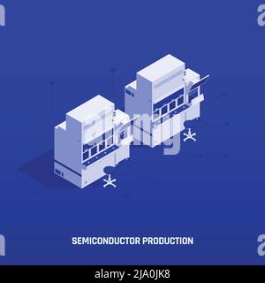 Semiconductor electronic components isometric composition with editable text and view of two work stations with stools vector illustration Stock Vector