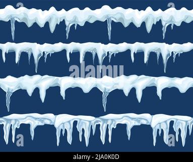 Snow borders seamless pattern with ornate hanging icicles at blue background flat vector illustration Stock Vector