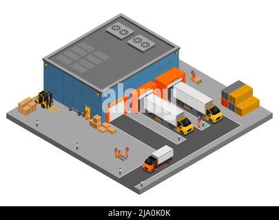 Warehouse isometric composition with view of building and gates with trucks boxes and containers with workers vector illustration Stock Vector