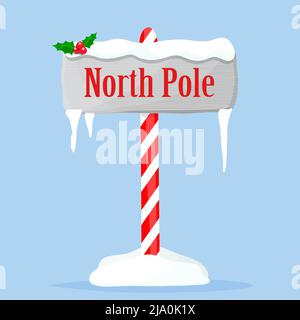 Christmas North Pole sign decorated with ornaments and snow. Vector illustration flat. Stock Vector