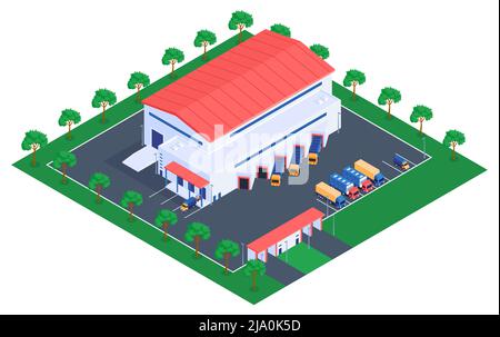 Isometric logistic composition with view of warehouse building with surrounding area and parking with cargo trucks vector illustration Stock Vector