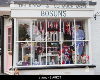 Queenborough, Kent, UK. 26th Apr, 2022. A shopfront in Queenborough decorated for the Queen's Platinum Jubilee Weekend. Credit: James Bell/Alamy Live News Stock Photo