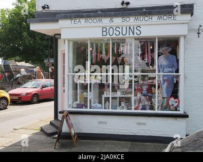 Queenborough, Kent, UK. 26th Apr, 2022. A shopfront in Queenborough decorated for the Queen's Platinum Jubilee Weekend. Credit: James Bell/Alamy Live News Stock Photo