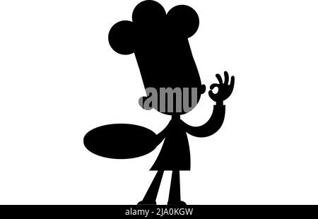 Cartoon style chef holding pizza in hand, in an apron, isolated on white background, monochrome illustration, Cook vector silhouette Stock Vector