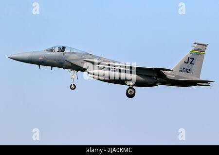 McDonnell Douglas F-15C Eagle fighter jet of the 122nd Fighter Squadron Louisiana Air National Guard arriving at Leeuwarden Air Base. The Netherlands Stock Photo