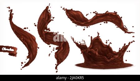 Chocolate splashes set of realistic isolated images with small drops and curvy flows on blank background vector illustration Stock Vector