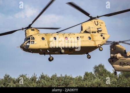 United States Army Boeing CH-47F Chinook transport helicopter from 4th CAB out of Fort Carson, Colorado taking off from Eindhoven Air Base, The Nether Stock Photo