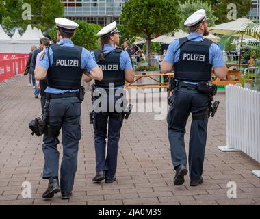 German police patrolling at the Frankfurt IAA Motor Show. Germany - September 11, 2019 Stock Photo