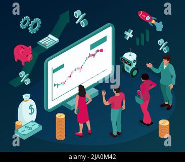 Investment strategy symbols elements isometric composition with financial risks stock exchange currencies market data analyzing vector illustration Stock Vector