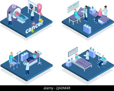Cancer control screening diagnosis treatment concept 4 isometric compositions with mri scan chemotherapy infusion isolated vector illustration Stock Vector