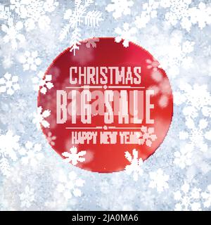 Christmas big sale advertisement in red circle on flat background with snowflakes vector illustration Stock Vector