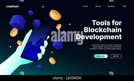 Blockchain Development Tools. Landing Page Horizontal Template. Vector illustration Stock Vector