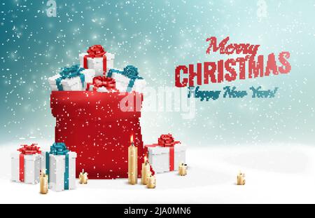 Red sack christmas gifts horizontal banner background with realistic snowflakes candles and gift boxes with text vector illustration Stock Vector