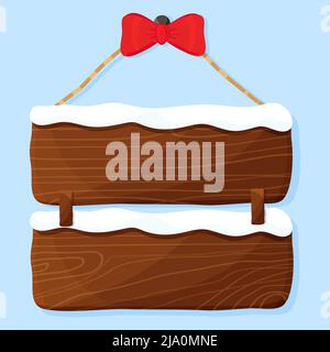 Christmas wooden sign decorated with snow hanging on the wall. Vector illustration flat. Stock Vector