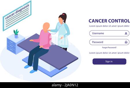 Cancer control sign in web page isometric background with doctor examining patient on medical couch vector illustration Stock Vector