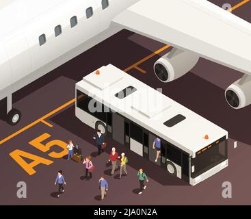 Airport isometric composition with outdoor view of people going out of shuttle bus with airplane wing vector illustration Stock Vector