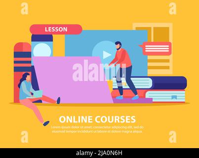 Online education flat background composition with doodle images of computers content and books with human characters vector illustration Stock Vector