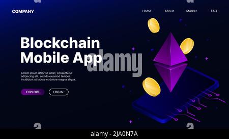 Blockchain Mobile App Advertising. Website Landing Page. Vector illustration Stock Vector