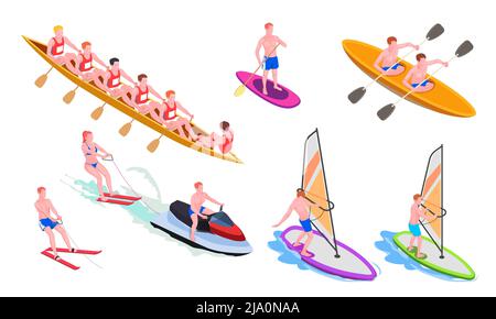 Isolated and isometric water sports icon set with diving windsurfing canoeing rowing snorkeling vector illustration Stock Vector