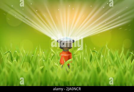 Automatic sprinkler system watering fresh green lawn realistic vector ...