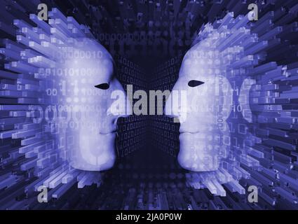 Two anonymous masks with binary code. Two 3d stylized male faces symbolizing meeting two people on cyberspace, anonymous dialogue social network. Stock Photo