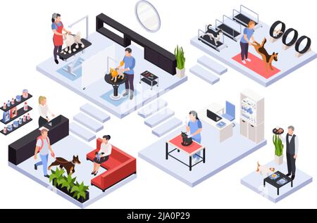 Isometric composition with various pet services and specialists vet groomer trainer 3d vector illustration Stock Vector