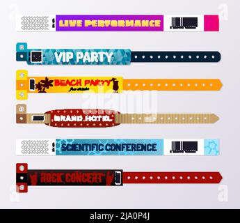 Modern colorful hotel resort bracelets concerts events passes conference participants id wristbands realistic set isolated vector illustration Stock Vector