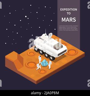 Isometric composition with space ship and astronauts exploring mars 3d vector illustration Stock Vector