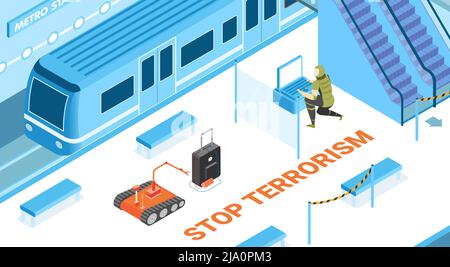 Stop terrorism background with underground security symbols isometric vector illustration Stock Vector