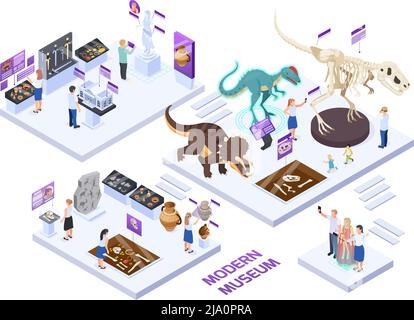 Modern natural history museum halls isometric set with fossils jars dinosaurs  interactive exhibits visitors experience vector illustration Stock Vector